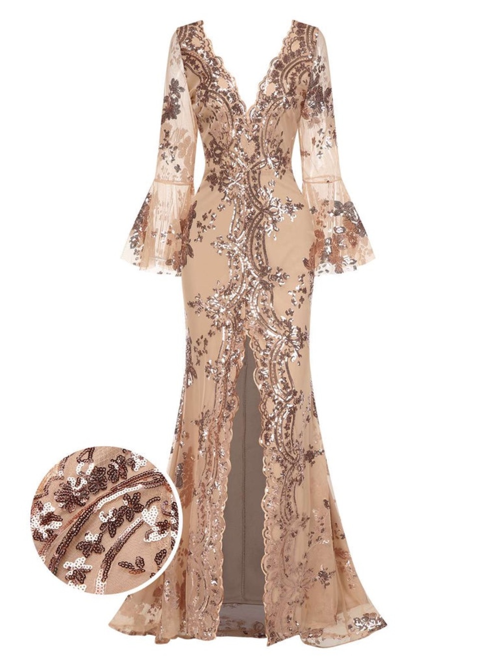Sequin Rose Mesh Gown V neck